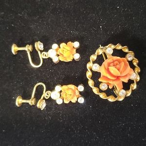 Vintage Salmon Colour Rose Brooch with Earrings